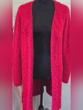 POL Red Popcorn Eyelash Knit Open Front Longline Duster Cardigan Sweater M